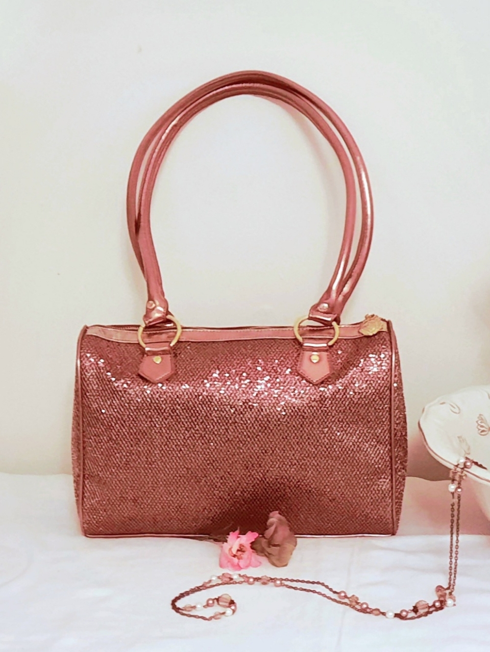 JOAN BOYCE Sparkling Rose Gold Shoulder Bag 13"x 9"x 5", Zipper